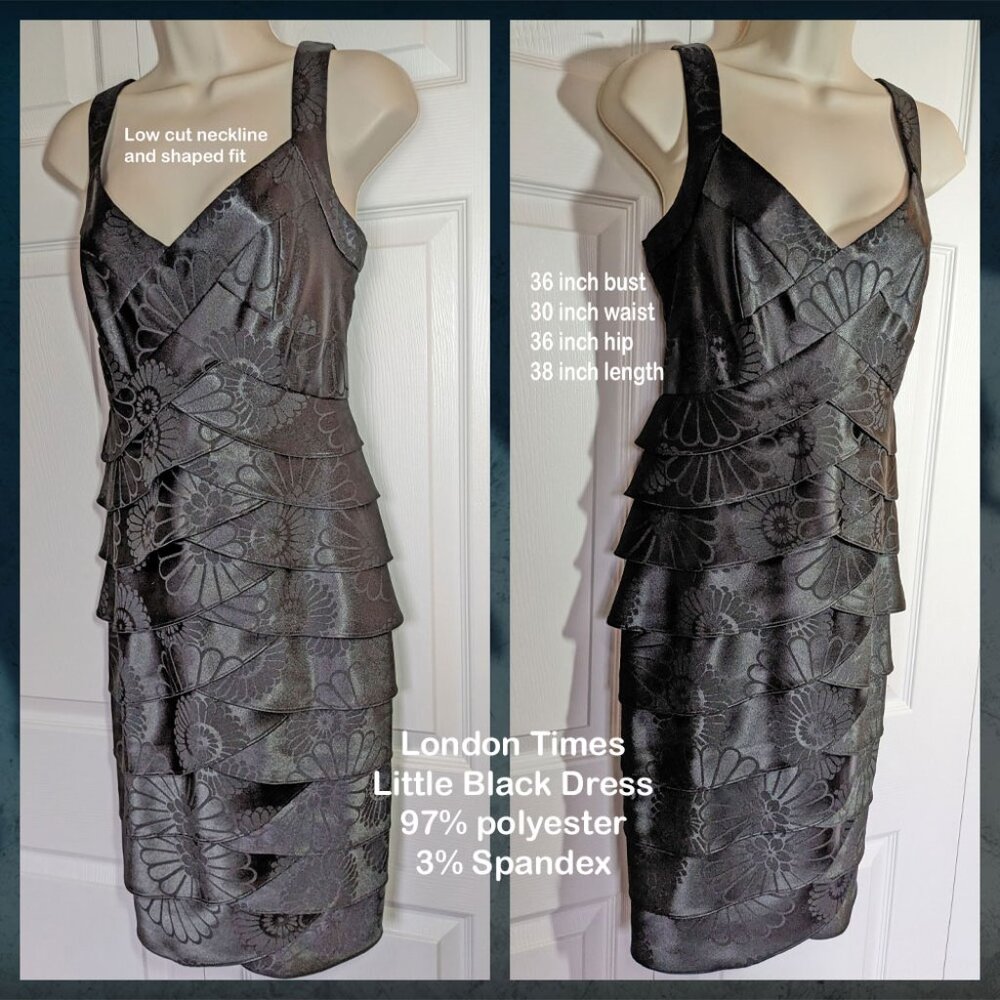 London Times black dress 36" bust, 30" waist 97% polyester, 3% Spandex, Lined